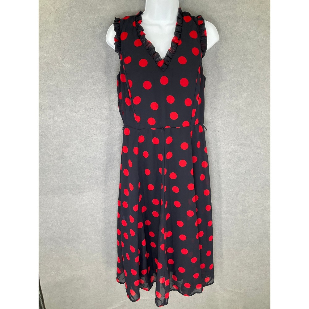Emma & Michele Size 10 Black‎ Red Polka Dot Sleeveless Midi Dress Ruffle Trim
